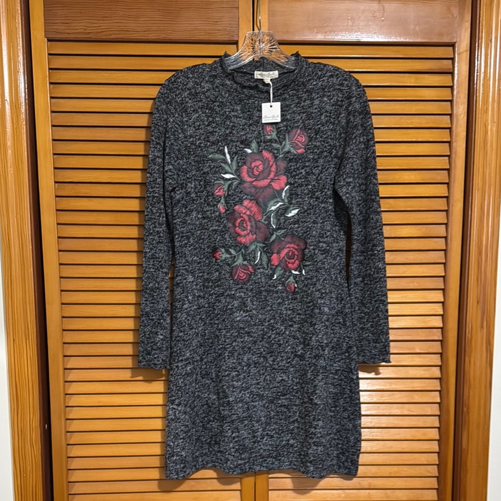 Ultra Flirt Charcoal Dress with Red Floral Accents